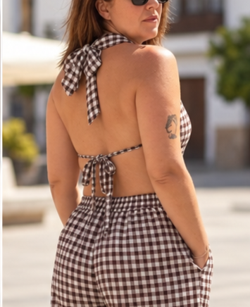 Conjunto chaleco vichy Marrón